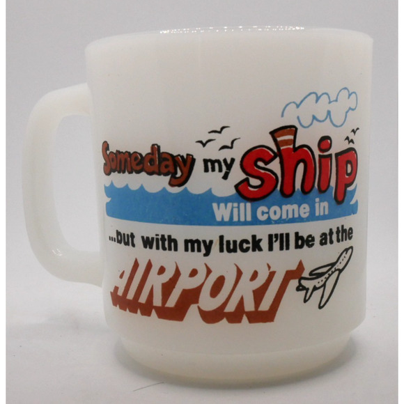 Vintage Glasbake Someday My Ship Will Come Airport Funny Milk Glass Mug Cup - Picture 1 of 6